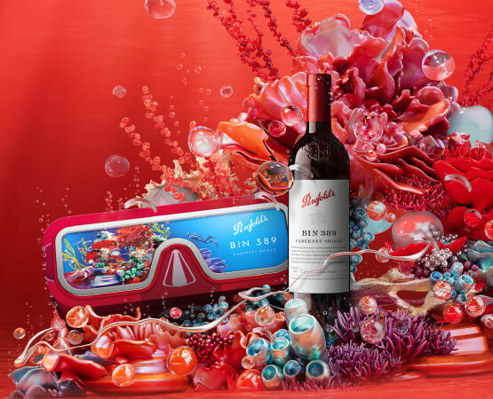 Penfolds Bin 389 against the deep sea thematic background